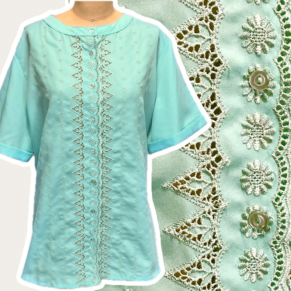 VINTAGE 80s eyelet floral lace button down blouse short sleeve Judy Bond teal
